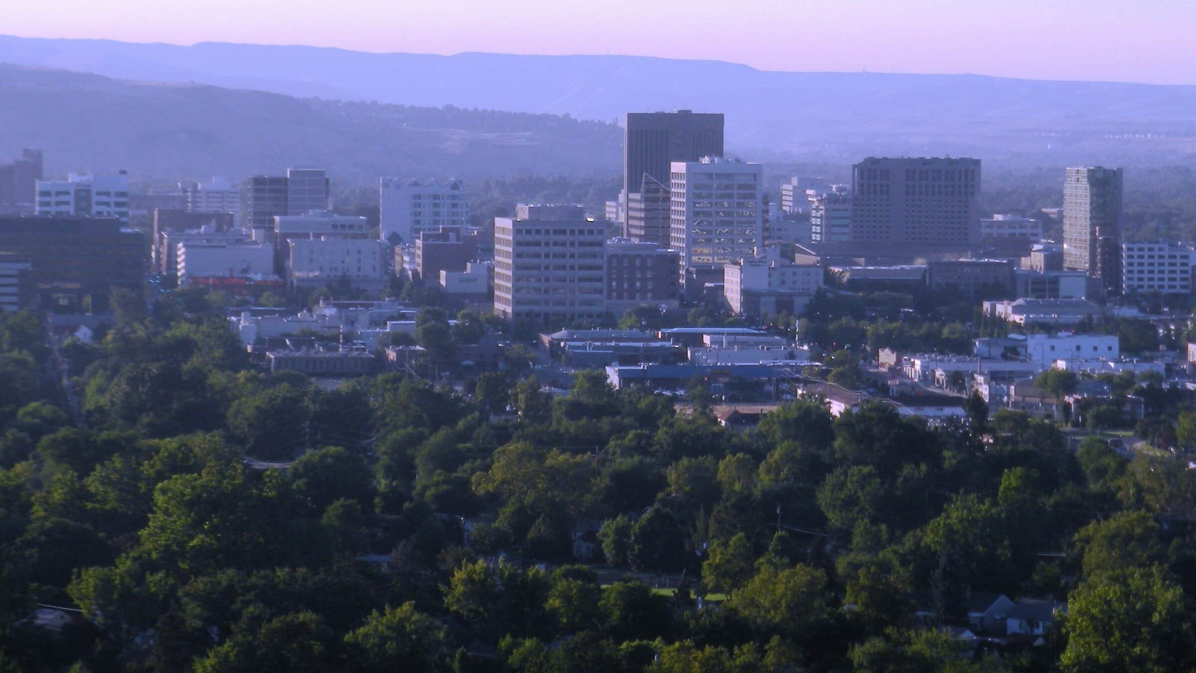 Downtown Boise skyline beyond the Treasure Valley tree canopy and foothills.